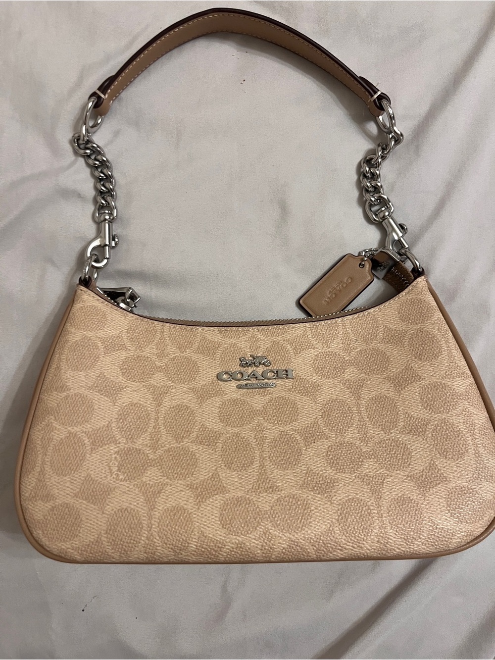 Coach Beige Signature Mini Shoulder Bag with Silver Hardware